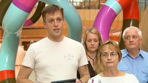 Mrs Kilmister's brother, Daniel Gwynne, speaking at the Royal Children's Hospital today.