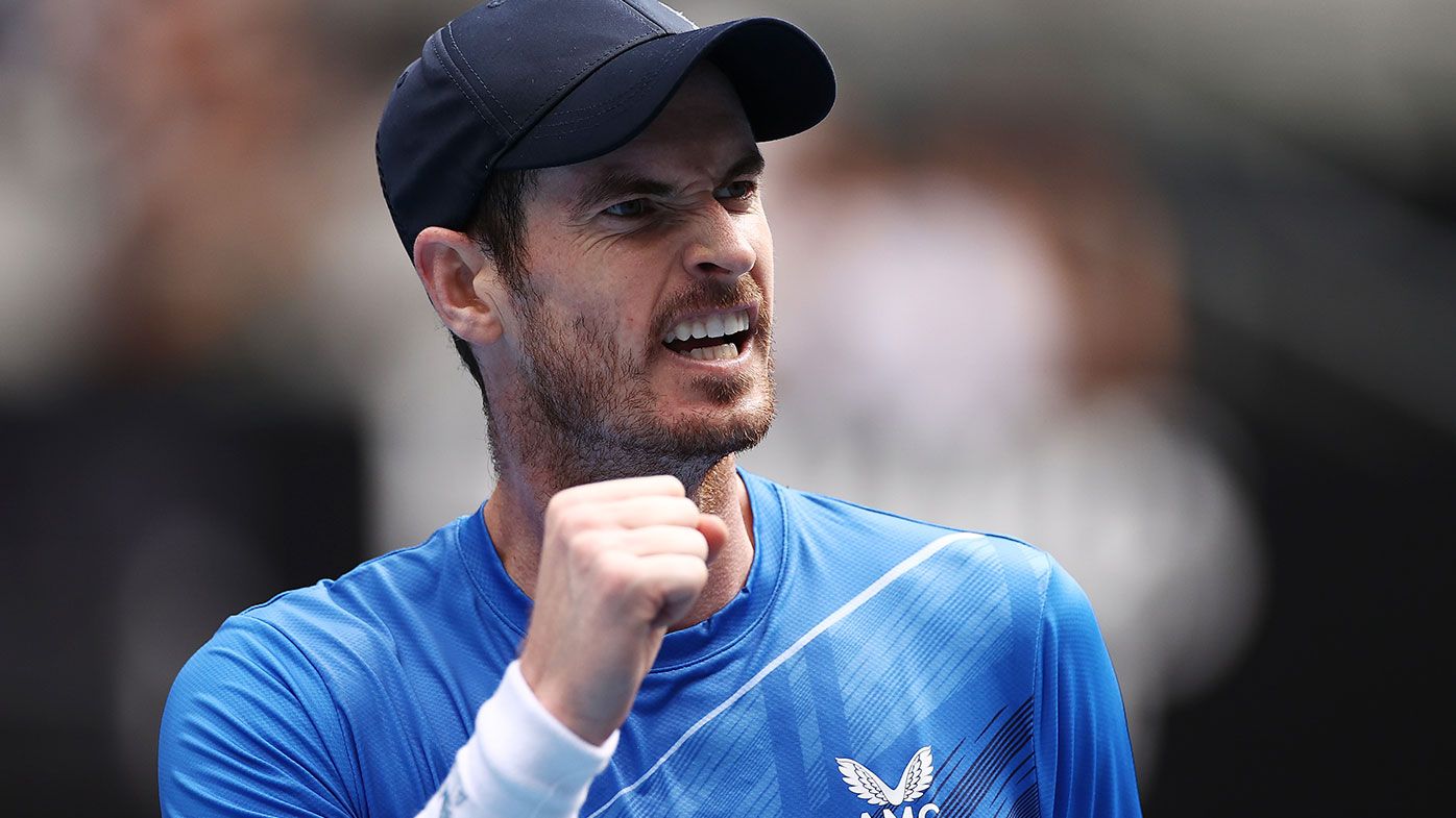  Andy Murray of Great Britain reacts in his first round singles match against Nikoloz Basilashvili of Georgia