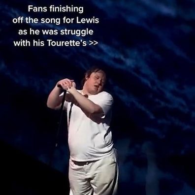 Lewis Capaldi fans finish song while he experiences tics during concert.