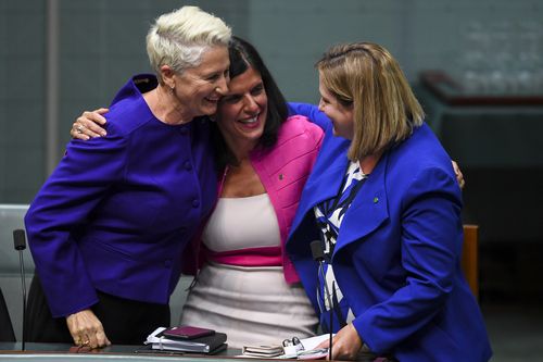  Crossbench MPs Kerryn Phelps, Julia Banks and Rebekha Sharkie react after the passing of the Medivac Bill in the House of Representatives.