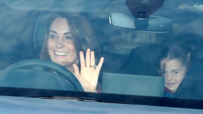 Duchess of Cambridge Kate Middleton and Princess Charlotte arrive at Buckingham Palace for Queen's Christmas Lunch 2