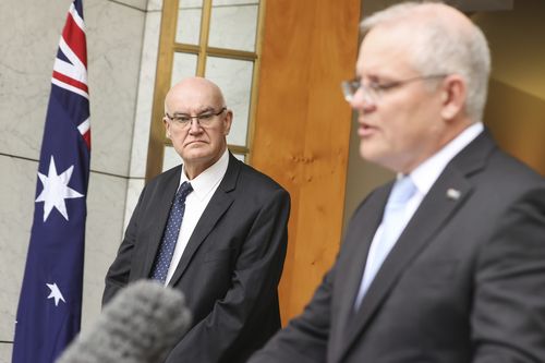Therapeutic Goods Administration (TGA) Professor John Skerritt and Prime Minister Scott Morrison during a press conference at Parliament House today.