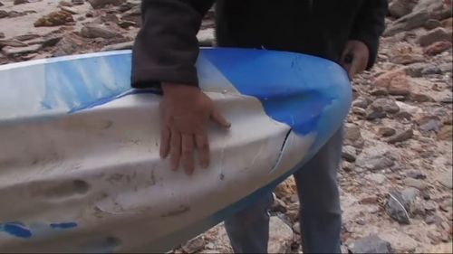 Teeth marks are visible on the kayak Sarah Williams was in when the shark attacked. (9NEWS)