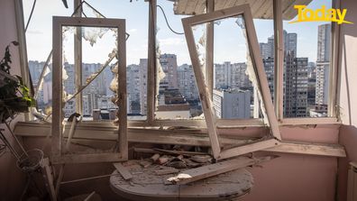 Damage is seen in the kitchen of an apartment at an apartment block that was hit by the debris of an intercepted Russian rocket in the early hours of the morning on March 17, 2022 in Kyiv, Ukraine.