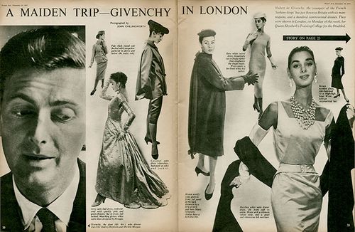 art of a Picture Post magazine article on a show of the new winter collection from French designer Hubert de Givenchy in 1955.