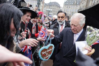 King Charles III receives gifts from locals at Hamburg City Hall on March 31, 2023 in Hamburg, Germany.