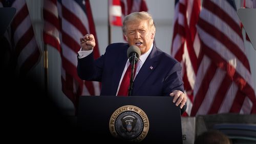 President Donald Trump speaks during a campaign rally at Dayton International Airport, Monday, Sept. 21, 2020, at Dayton, Ohio. (AP Photo/Alex Brandon)