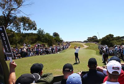 Scott lets rip from the 5th tee at Royal Melbourne.