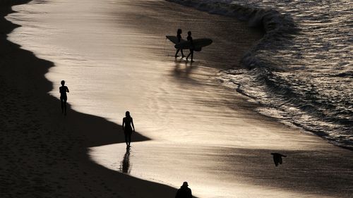 Surfers enter the water at Bondi Beach 
