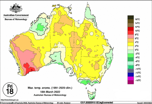 Temperature forecast for Australia March 18, 2022.