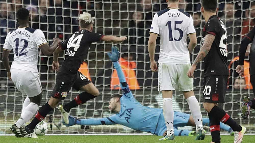 Kevin Kampl scores the winner against Tottenham in the UCL. (AAP)