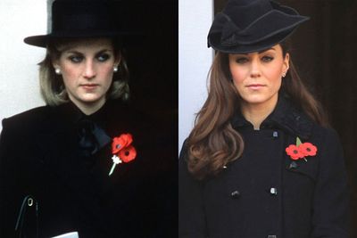 It didn't take long for the comparisons between Duchess Catherine and the late Princess Diana to start. This pic is of both royal beauties on Remembrance Day- 27 years apart.