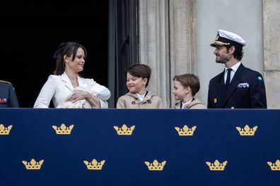 STOCKHOLM, SWEDEN - APRIL 30: Princess Sofia, Prince Julian, Prince Gabriel, and Prince Carl Philip of Sweden attend the King's birthday celebrations at the inner courtyard of the Royal Palace on April 30, 2025 in Stockholm, Sweden. (Photo by Michael Campanella/Getty Images)