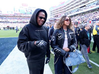 Jay-Z and daughter Blue Ivy Carter prior to the start of Super Bowl LX  between the Seattle Seahawks and the New England Patriots at Levi's Stadium on February 08, 2026 in Santa Clara, California. 