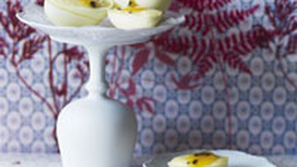 White chocolate and passionfruit mousse eggs