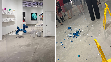 The artist Jeff Koons&#x27; famous sculptures might look like they&#x27;re made from balloons – but the works are actually fragile, as one art fair attendee found out when she knocked over a $42,000 (A$61,170) piece Thursday, causing it to shatter.