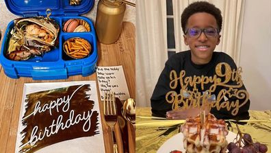 Left: Gold themed lunchbox, Right: Boy celebrating 9th birthday with waffles.