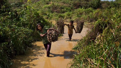 Rohingya Muslim children walk through a stream carrying firewood near Kutupalong refugee camp, Bangladesh. (AAP)