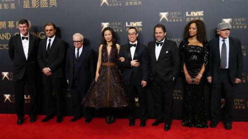 From right, film stars Robert De Niro, his wife Grace Hightower, producer Brett Ratner, Melco Crown Entertainment's CEO, Lawrence Ho, his wife Sharen Lo, director Martin Scorsese, film star Leonardo DiCaprio and James Packer.