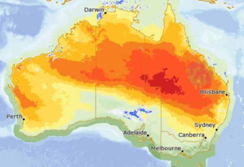 BoM's forecast heatwave map for Monday. (BoM)