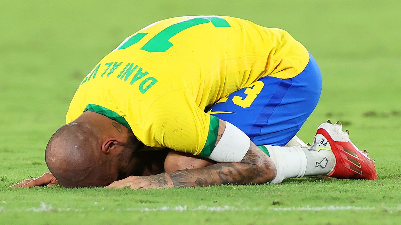 Dani Alves of Team Brazil celebrates their side&#x27;s victory after the Men&#x27;s Gold Medal Match between Brazil and Spain at the Tokyo Olympics.