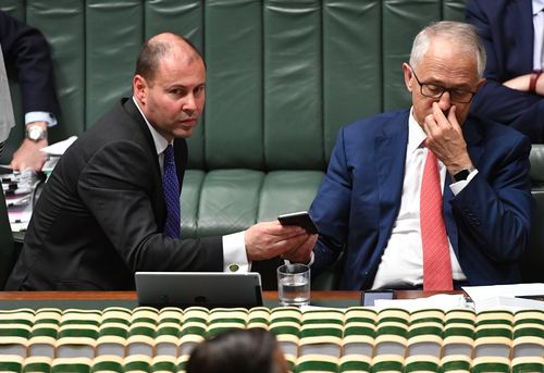 Energy Minister Josh Frydenberg and Malcolm Turnbull during question time yeserday. (AAP)
