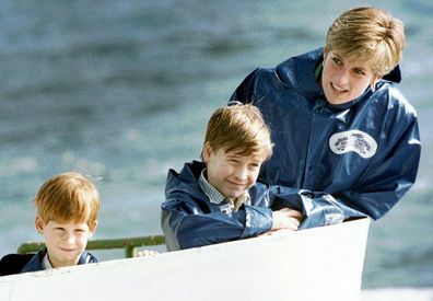 Diana with William and Harry on a boat raid in Niagara Falls in 1991.