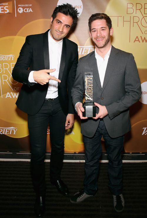 Vine founders Rus Yusupov and Colin Kroll (right) pose with the Breakthrough Award for Emerging Technology at the Variety Breakthrough of the Year Awards at The Las Vegas Hotel &amp; Casino.