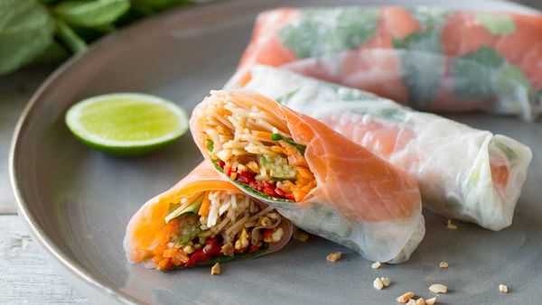 Vietnamese cold smoked salmon rice paper rolls by Huon