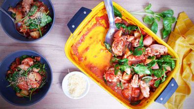 Chicken thighs make the best one pan dinner, simmered in puttanesca sauce