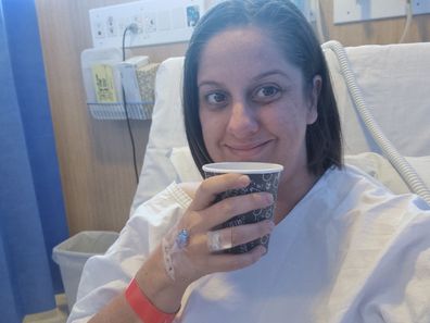 Amy having her first coffee after one of her many surgical procedures.