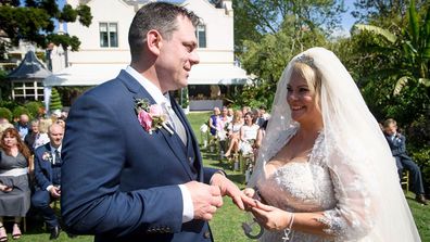 Jo and Sean on their wedding day. Very cute, until it becomes awkward.