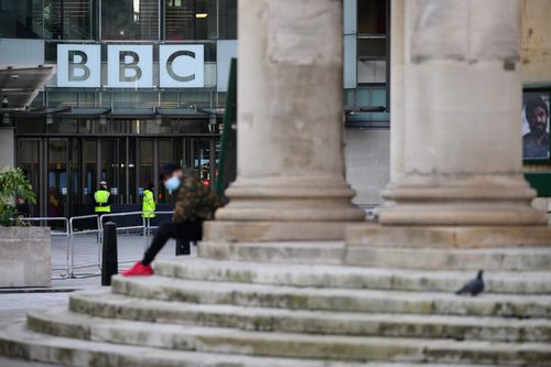 The BBC logo is seen at BBC Broadcasting House on January 17, 2022 in London, England.