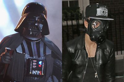 March 2013 till now: How do you go unnoticed in public? Why, adopt an inconspicuous disguise like Darth Vader! Bieber, that's very Amanda Bynes of you. He's also been seen wearing a <i>V For Vendetta</i> mask.
