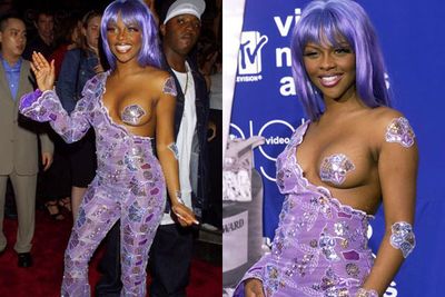 If you wear a mermaid-inspired catsuit and a single sequinned nip cover, it's bound to get attention right? <br/><br/>Fifteen years after Lil' Kim's jaw-dropping red carpet appearance at the MTV VMAs, it's still one of the most talked-about get-ups... thanks to her bare boob.