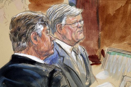 This courtroom sketch depicts former Donald Trump campaign chairman Paul Manafort, left, listening with his lawyer Kevin Downing to testimony from government witness Rick Gates as Manafort's trial continues. Picture: AAP