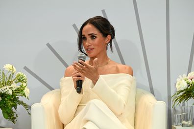 Meghan, Duchess of Sussex speaks onstage at The Archewell Foundation Parents Summit: Mental Wellness in the Digital Age during Project Healthy Minds' World Mental Health Day Festival 2023 at Hudson Yards on October 10, 2023 in New York City.