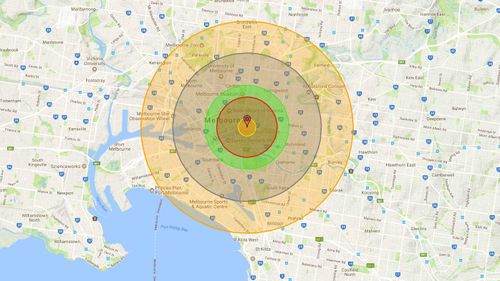 A projection of the impact of an atom bomb on Melbourne. (Nukemap)