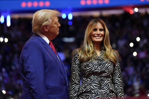 Republican presidential nominee former President Donald Trump and former first lady Melania Trump stand on stage at a campaign rally at Madison Square Garden, Sunday, Oct. 27, 2024, in New York. (AP Photo/Alex Brandon)