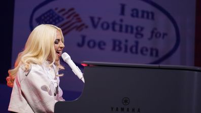 Lady Gaga performs during a drive-in rally for Democratic presidential candidate former Vice President Joe Biden at Heinz Field, Monday, Nov. 2, 2020, in Pittsburgh