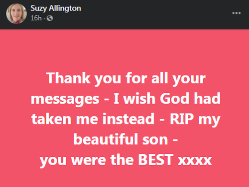 Suzy Allington paid tribute to her son on social media.