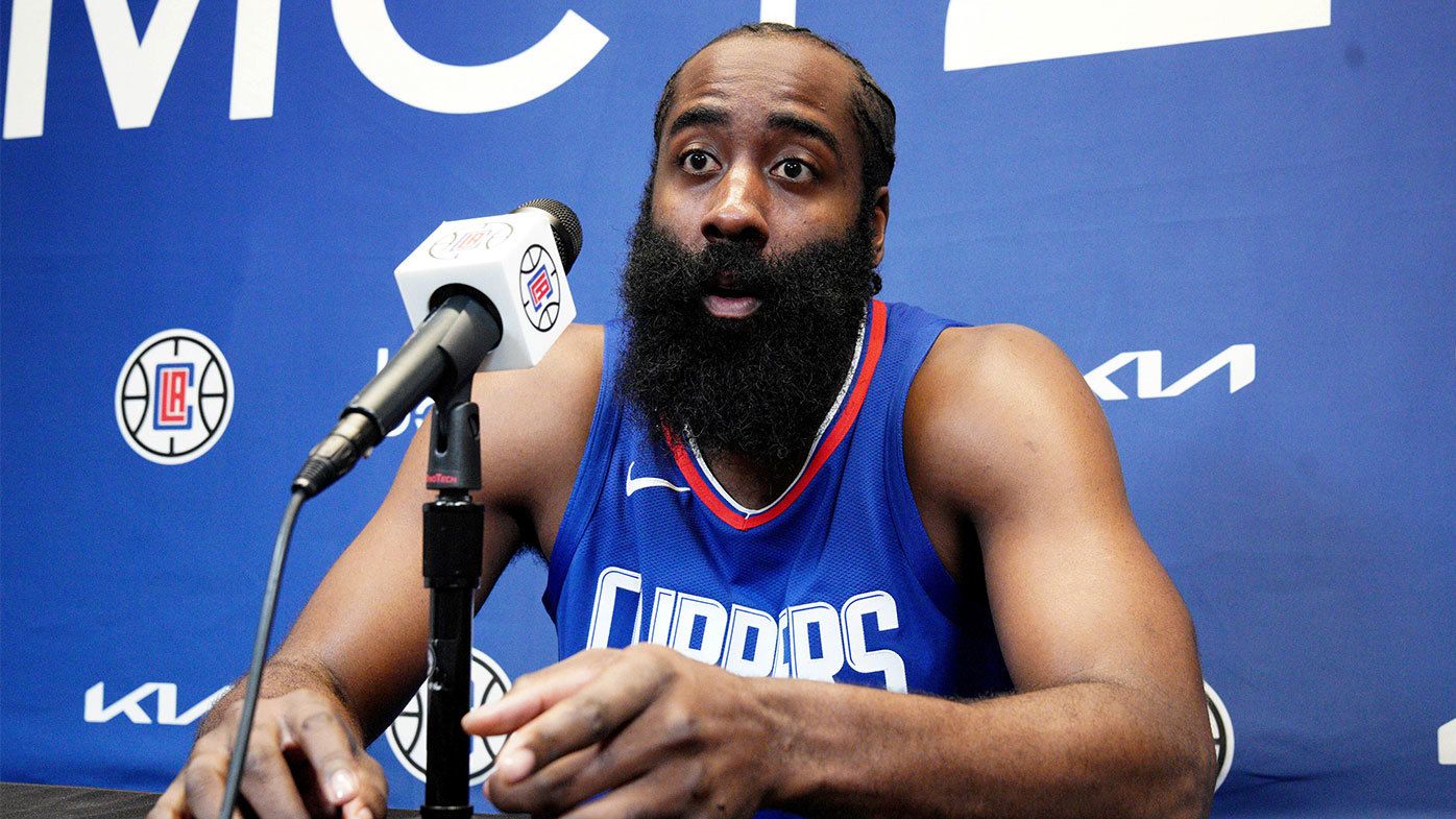 James Harden responds to a reporter&#x27;s question as he is introduced as the newest member of the Los Angeles Clippers at a news conference at the NBA basketball team&#x27;s training facility Thursday, Nov. 2, 2023, in Los Angeles. (AP Photo/Richard Vogel)