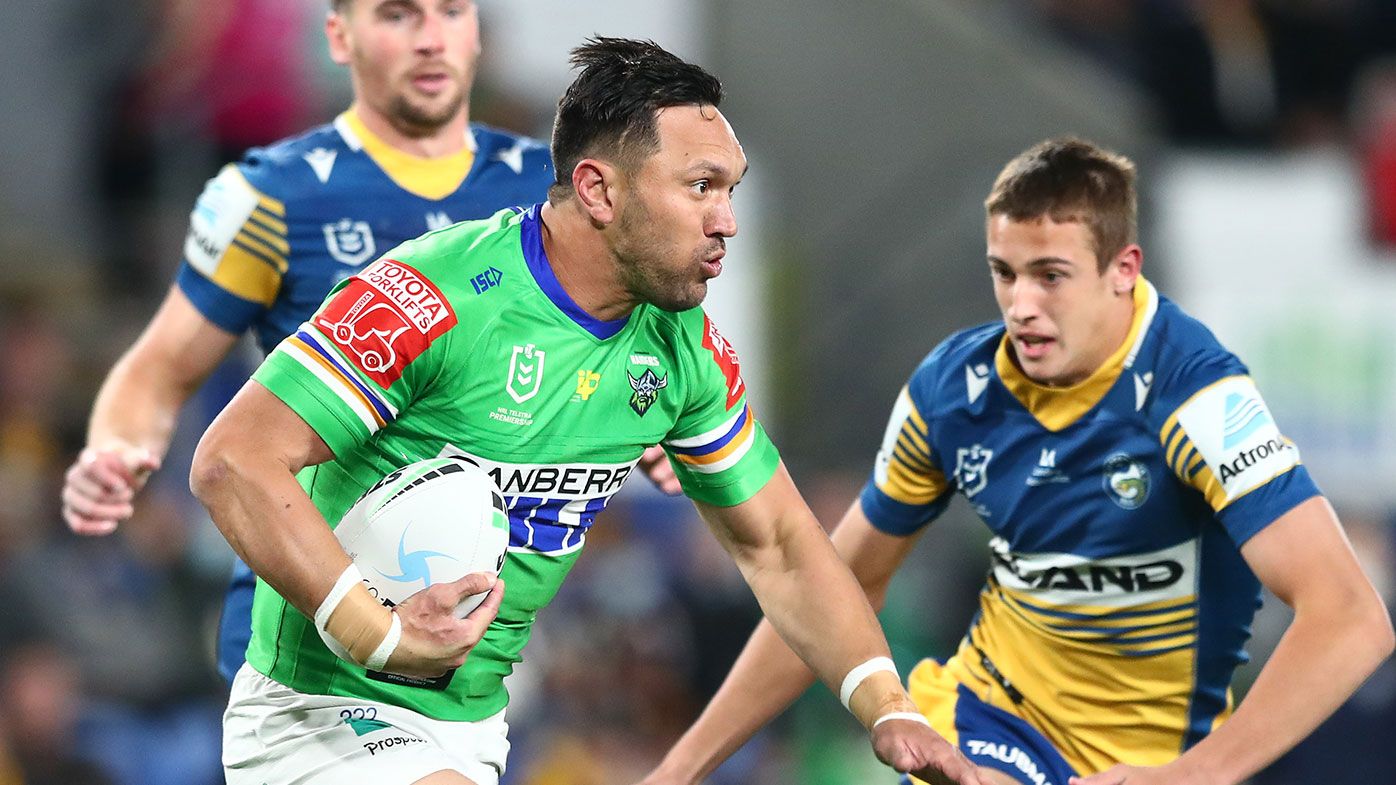 Jordan Rapana of the Raiders runs the ball during the round 19 NRL match between the Parramatta Eels and the Canberra Raiders at Cbus Super Stadium, on July 22, 2021, in Gold Coast, Australia. (Photo by Chris Hyde/Getty Images)