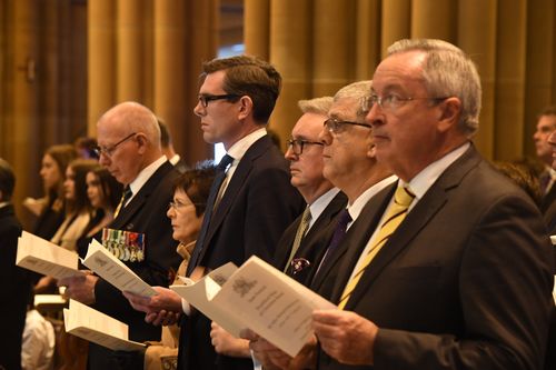 NSW Governor David Hurley (left), NSW Treasurer Dominic Perrottet (third left), and NSW Attorney-General Brad Hazzard. (AAP)