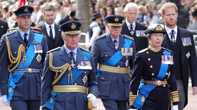 LONDON, ENGLAND - SEPTEMBER 14: Prince William, Prince of Wales, King Charles III, Prince Richard, Duke of Gloucester, Anne, Princess Royal and Prince Harry, Duke of Sussex walk behind the coffin during the procession for the Lying-in State of Queen Elizabeth II on September 14, 2022 in London, England. Queen Elizabeth II's coffin is taken in procession on a Gun Carriage of The King's Troop Royal Horse Artillery from Buckingham Palace to Westminster Hall where she will lay in state until the ear