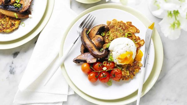 Zucchini fritters with portabella mushrooms and poached egg recipe by Australian Mushrooms