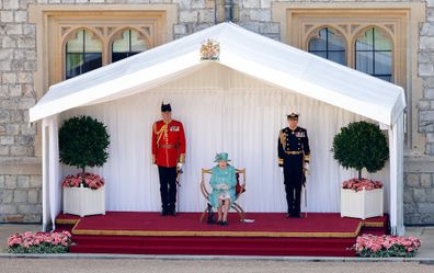 Queen Elizabeth watches the Trooping The Colour parade at Windsor Castle in 2020.