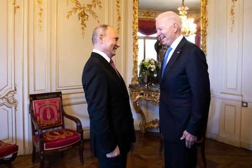 Russian president Vladimir Putin talks with US President Joe Biden during the US-Russia summit in Switzerland.
