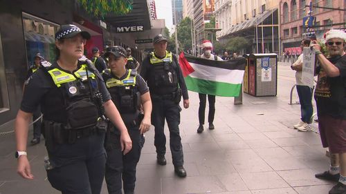 Pro-Palestine protesters outside Myer in Melbourne's Bourke Street Mall November 17, 2024