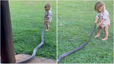 Two-year-old boy plays with giant snake in viral video